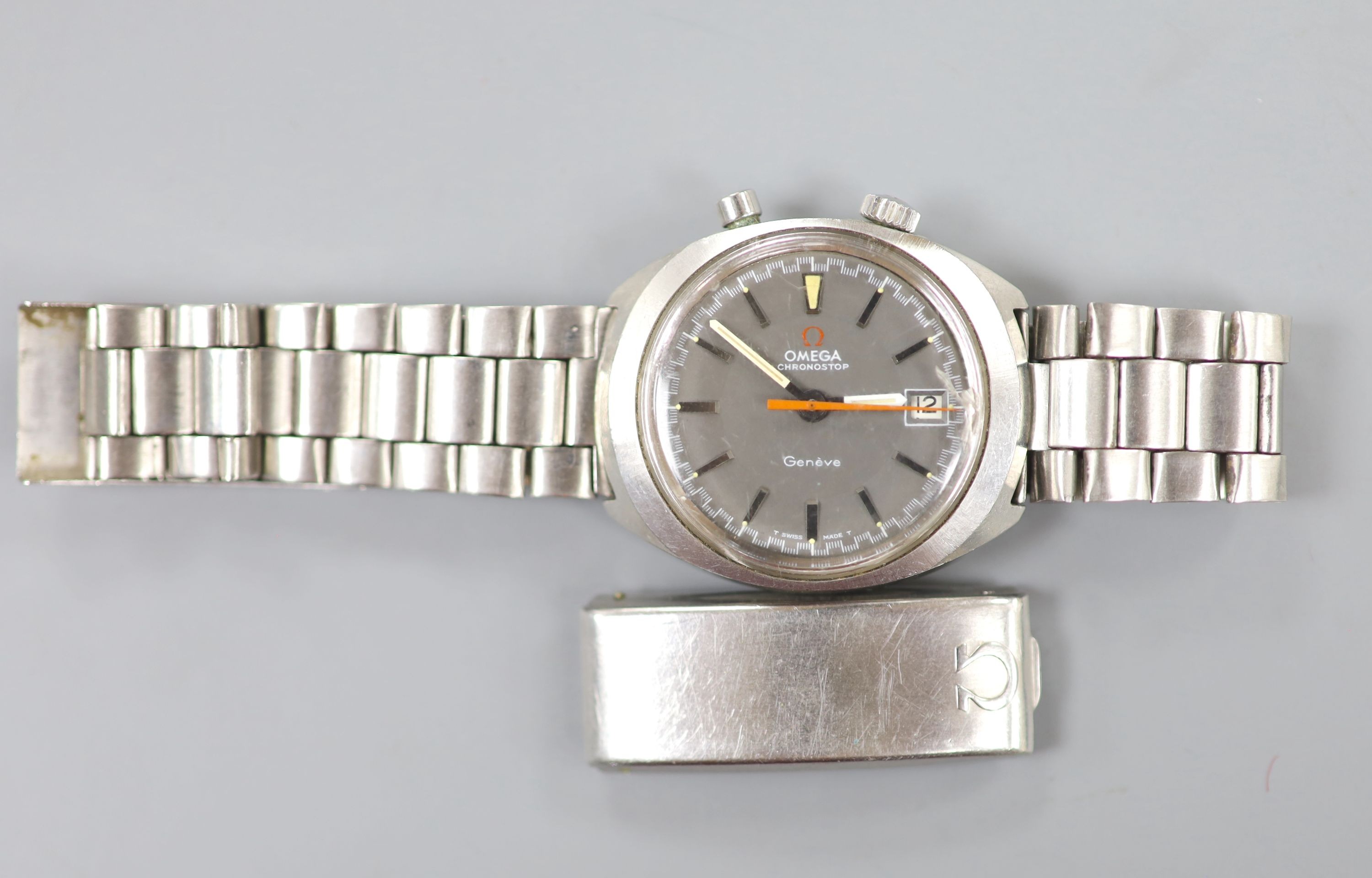 A gentleman's 1960's/1970's stainless steel Omega Chronostop wrist watch, on associated bracelet and detaches Omega clasp, case diameter 32mm.